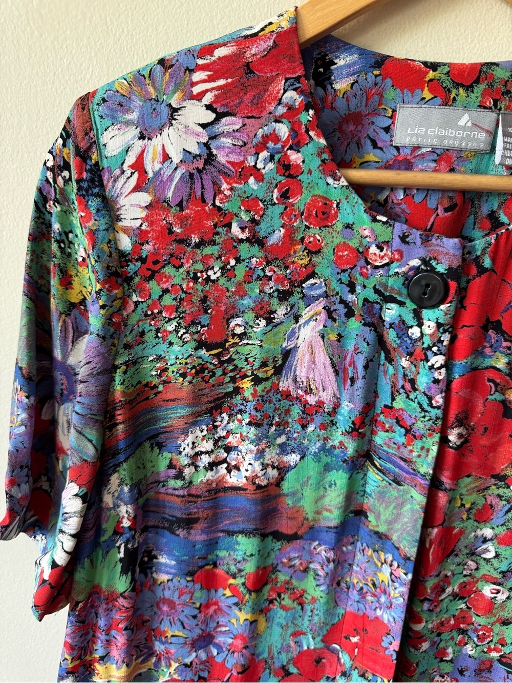 Vintage Liz Claiborne Red Multicolor Floral Button-Front Midi Dress - Picture 6 of 8